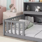 Twin Floor Bed with Bookcase, Shelves, and Guardrails - Gray