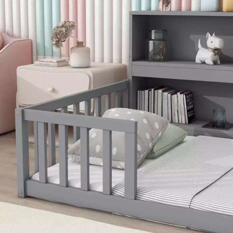 Twin Floor Bed with Bookcase, Shelves, and Guardrails - Gray