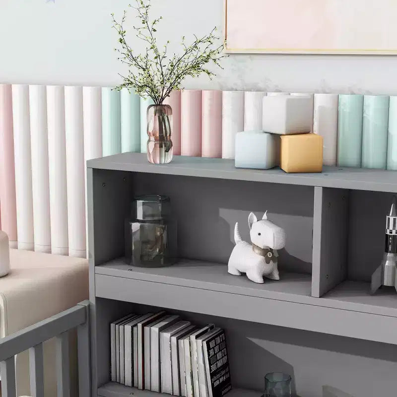 Twin Floor Bed with Bookcase, Shelves, and Guardrails - Gray