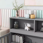 Twin Floor Bed with Bookcase, Shelves, and Guardrails - Gray