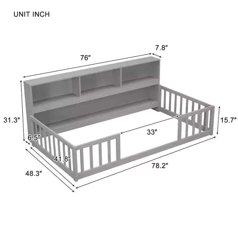 Twin Floor Bed with Bookcase, Shelves, and Guardrails - Gray