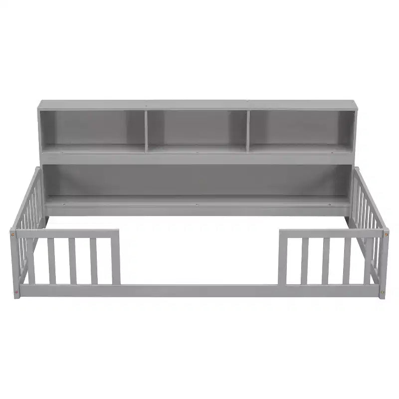 Twin Floor Bed with Bookcase, Shelves, and Guardrails - Gray