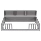 Twin Floor Bed with Bookcase, Shelves, and Guardrails - Gray