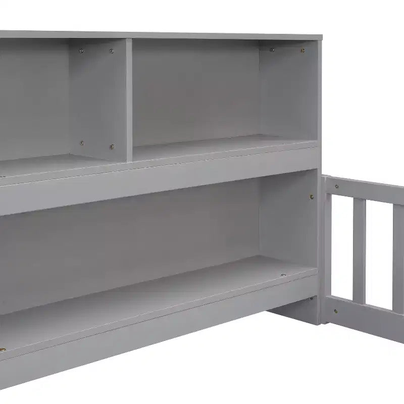 Twin Floor Bed with Bookcase, Shelves, and Guardrails - Gray