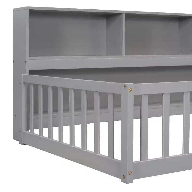 Twin Floor Bed with Bookcase, Shelves, and Guardrails - Gray