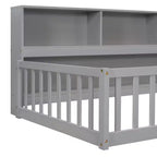 Twin Floor Bed with Bookcase, Shelves, and Guardrails - Gray
