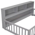 Twin Floor Bed with Bookcase, Shelves, and Guardrails - Gray