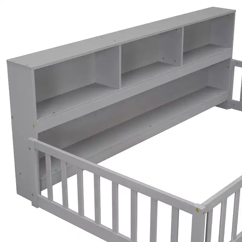 Twin Floor Bed with Bookcase, Shelves, and Guardrails - Gray