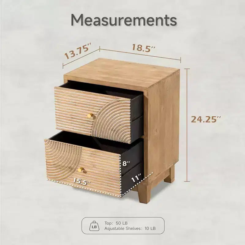 2-Drawer Nightstand with Wood Ring Pattern, Natural Wood Finish