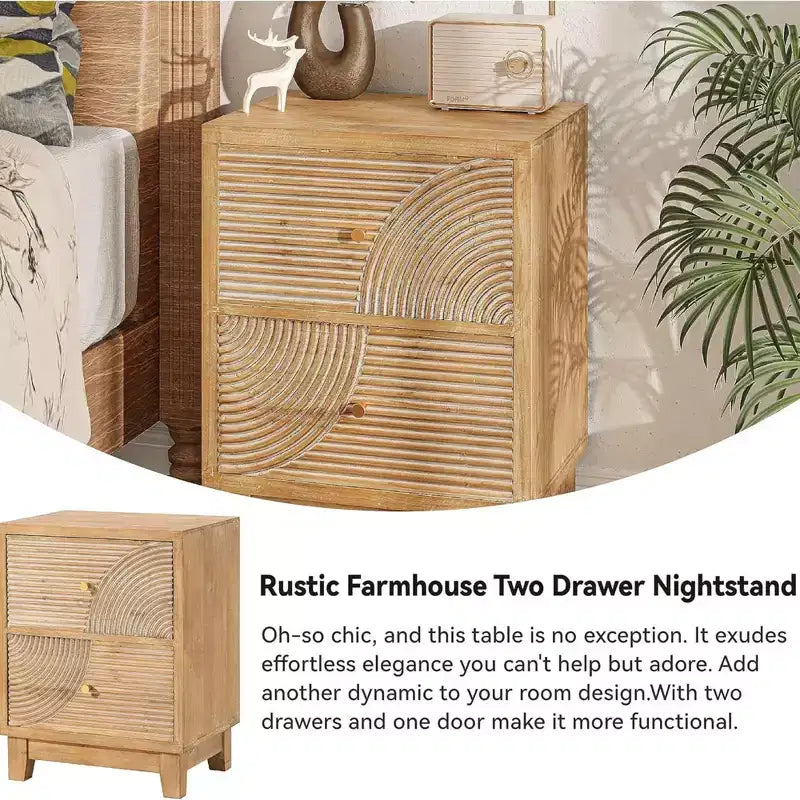 2-Drawer Nightstand with Wood Ring Pattern, Natural Wood Finish