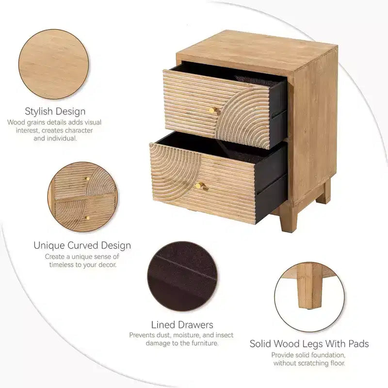 2-Drawer Nightstand with Wood Ring Pattern, Natural Wood Finish
