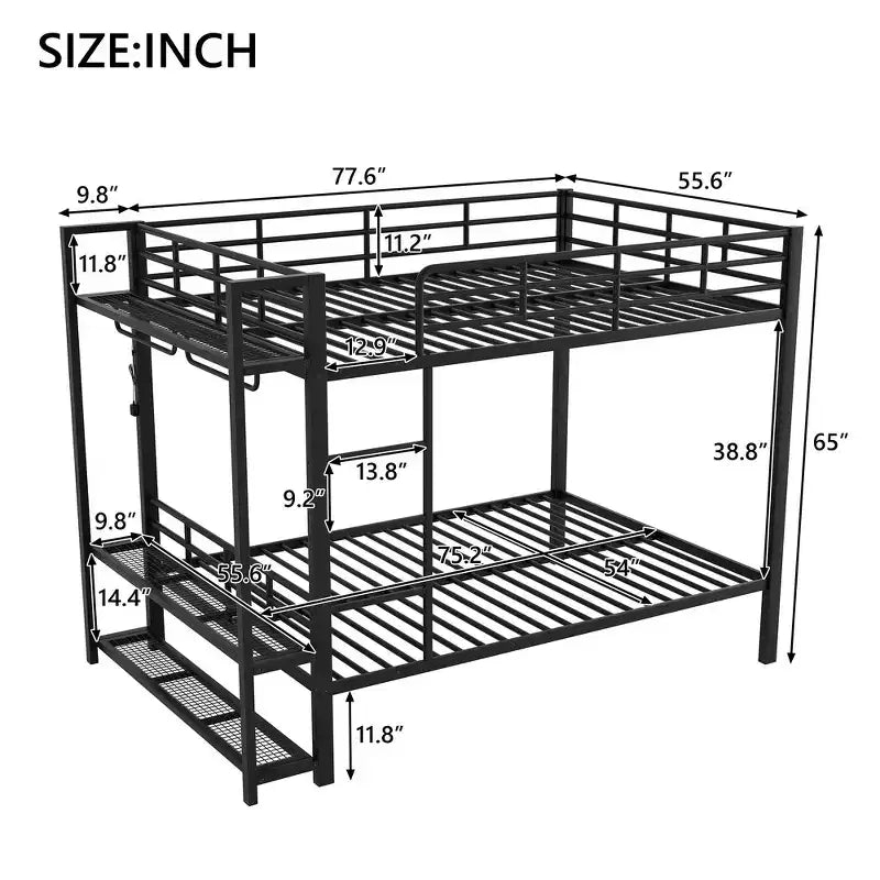Full Size Metal Bunk Bed with LED Light Strips, Open Storage Shelves and Hooks