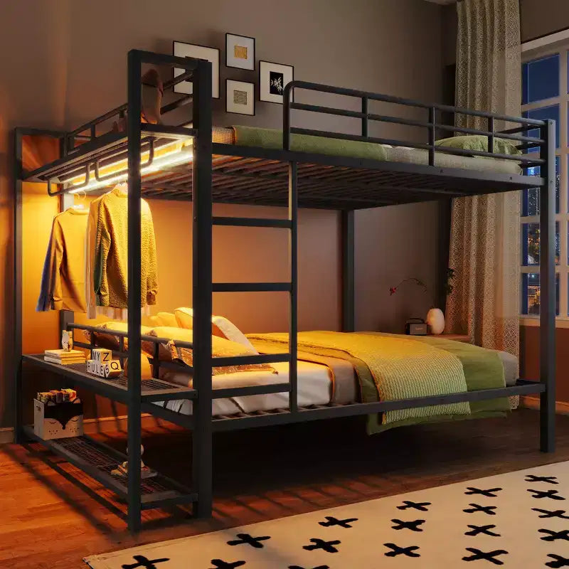 Full Size Metal Bunk Bed with LED Light Strips, Open Storage Shelves and Hooks