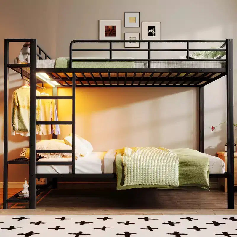 Full Size Metal Bunk Bed with LED Light Strips, Open Storage Shelves and Hooks