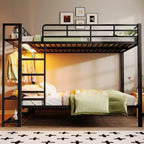 Full Size Metal Bunk Bed with LED Light Strips, Open Storage Shelves and Hooks