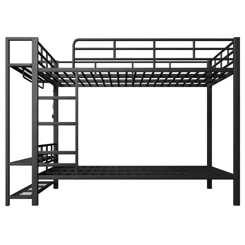 Full Size Metal Bunk Bed with LED Light Strips, Open Storage Shelves and Hooks