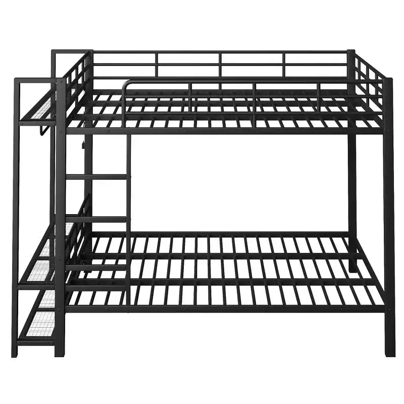 Full Size Metal Bunk Bed with LED Light Strips, Open Storage Shelves and Hooks