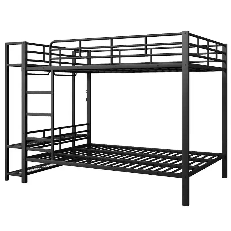 Full Size Metal Bunk Bed with LED Light Strips, Open Storage Shelves and Hooks