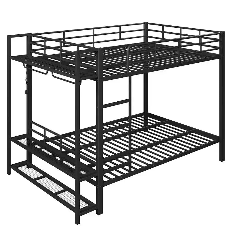 Full Size Metal Bunk Bed with LED Light Strips, Open Storage Shelves and Hooks