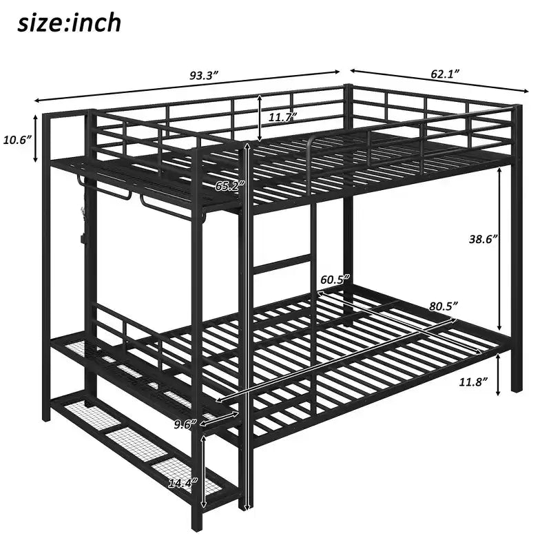 Full Size Metal Bunk Bed with LED Light Strips, Open Storage Shelves and Hooks