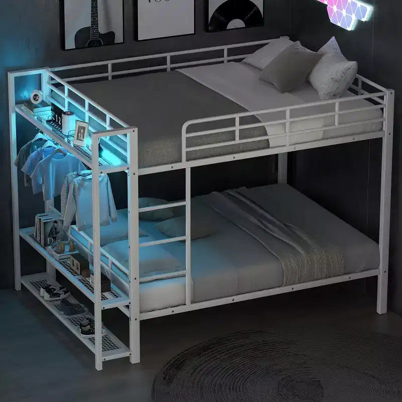 Full Size Metal Bunk Bed with LED Light Strips, Open Storage Shelves and Hooks
