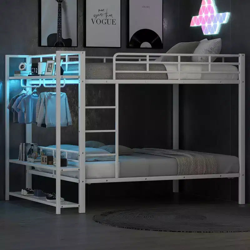 Full Size Metal Bunk Bed with LED Light Strips, Open Storage Shelves and Hooks