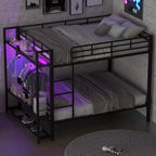 Full Size Metal Bunk Bed with LED Light Strips, Open Storage Shelves and Hooks