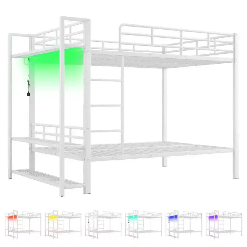 Full Size Metal Bunk Bed with LED Light Strips, Open Storage Shelves and Hooks