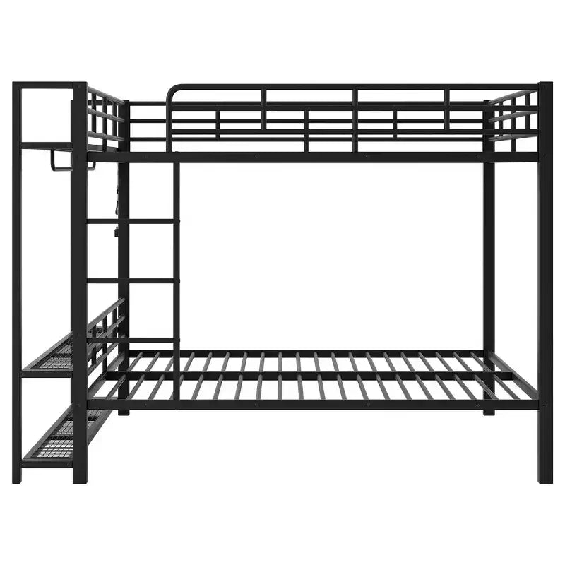 Full Size Metal Bunk Bed with LED Light Strips, Open Storage Shelves and Hooks