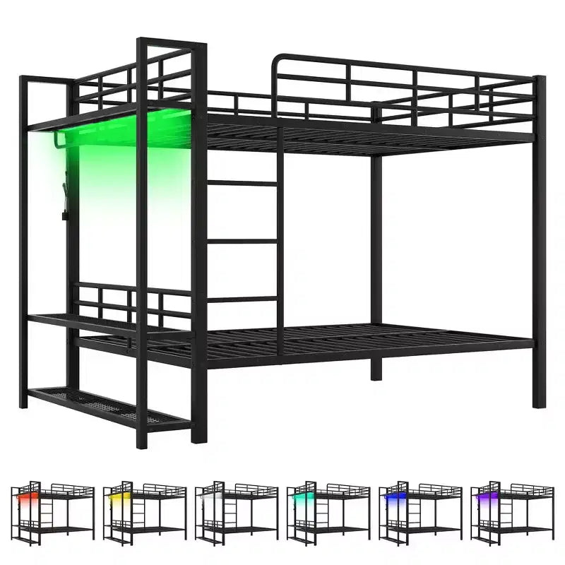 Full Size Metal Bunk Bed with LED Light Strips, Open Storage Shelves and Hooks