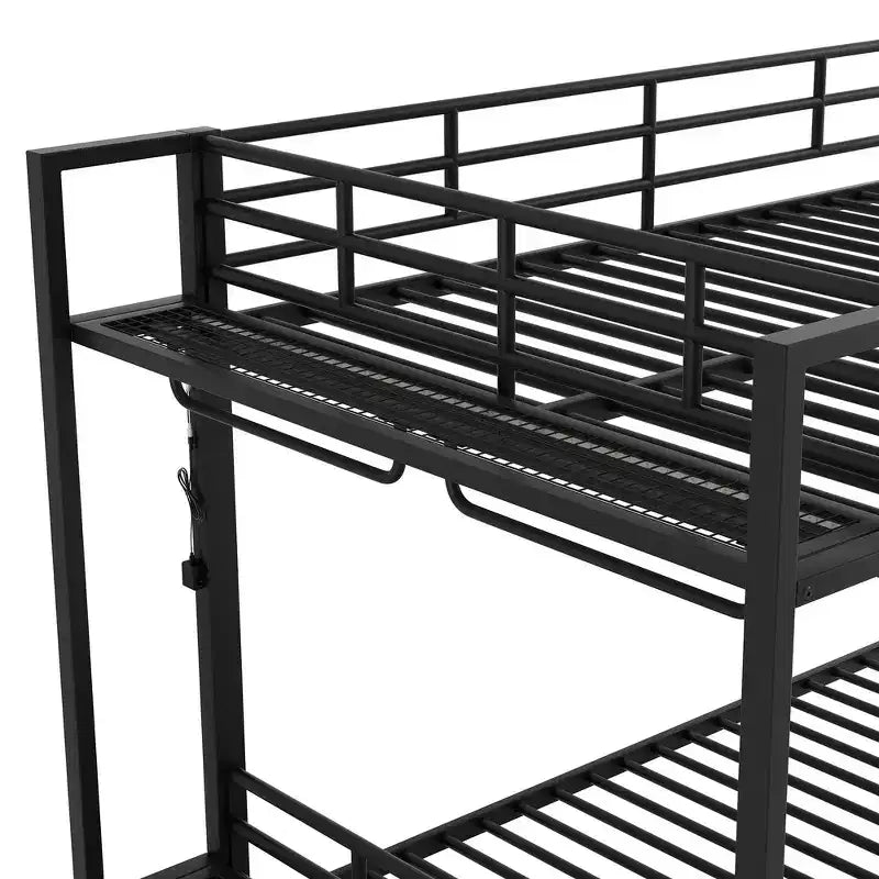 Full Size Metal Bunk Bed with LED Light Strips, Open Storage Shelves and Hooks