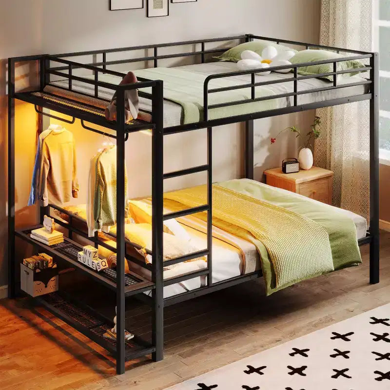 Full Size Metal Bunk Bed with LED Light Strips, Open Storage Shelves and Hooks