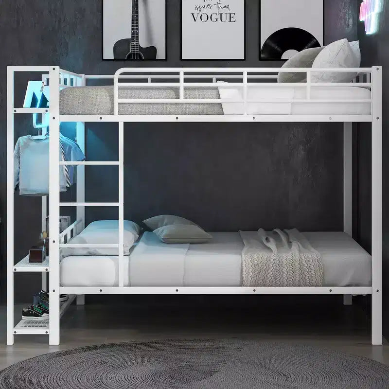 Full Size Metal Bunk Bed with LED Light Strips, Open Storage Shelves and Hooks