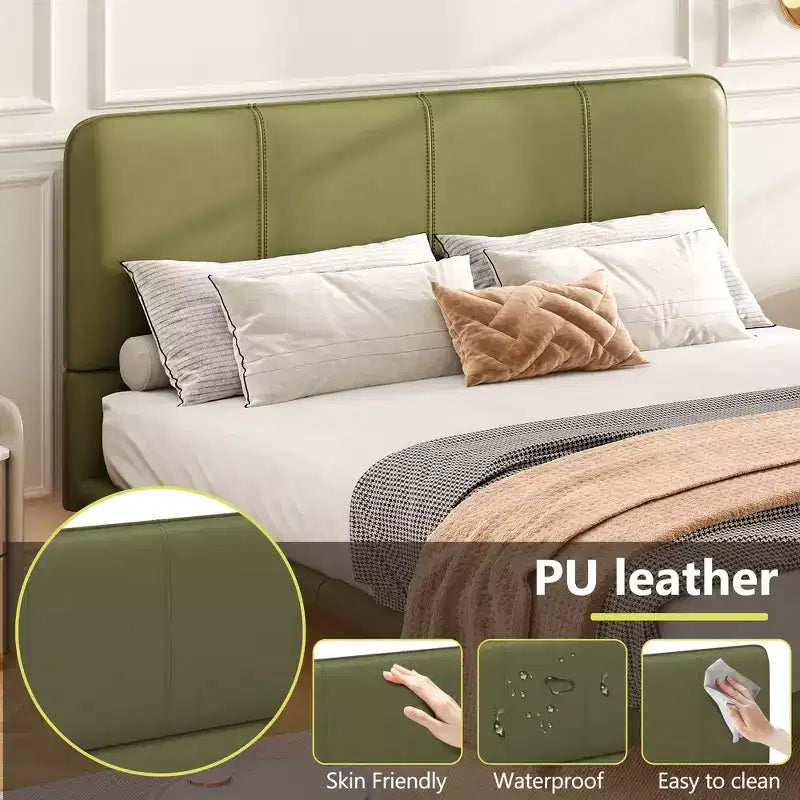 Floating Platform Bed with LED Lights and PU Leather Upholstery