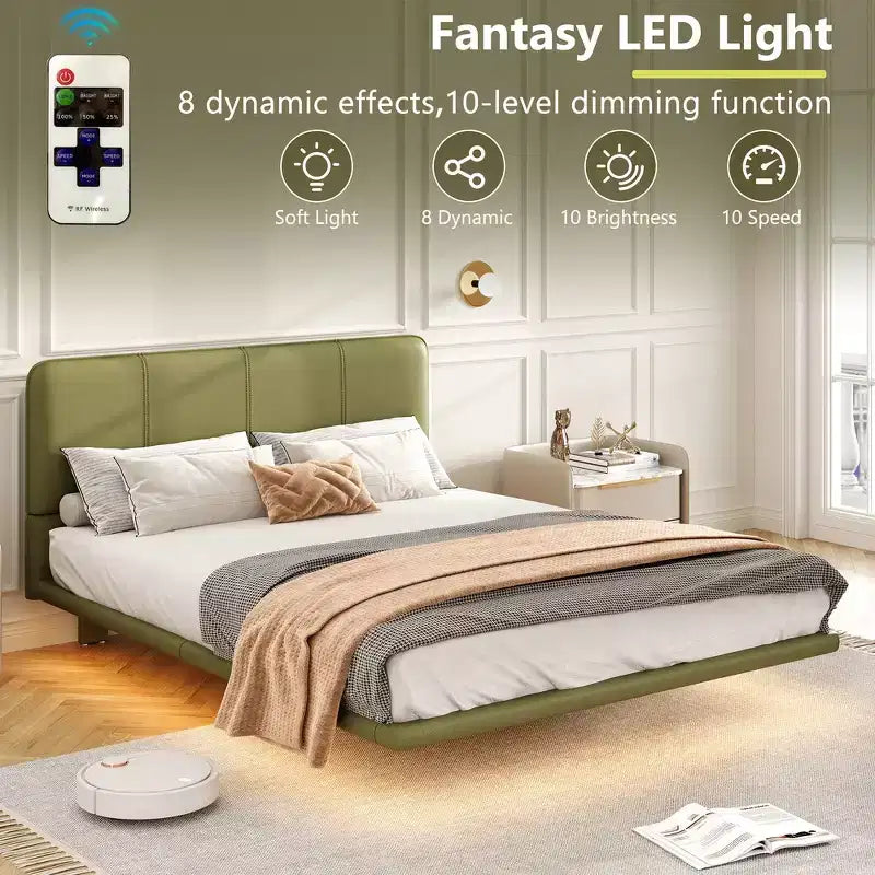 Floating Platform Bed with LED Lights and PU Leather Upholstery