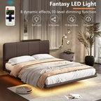 Floating Platform Bed with LED Lights and PU Leather Upholstery