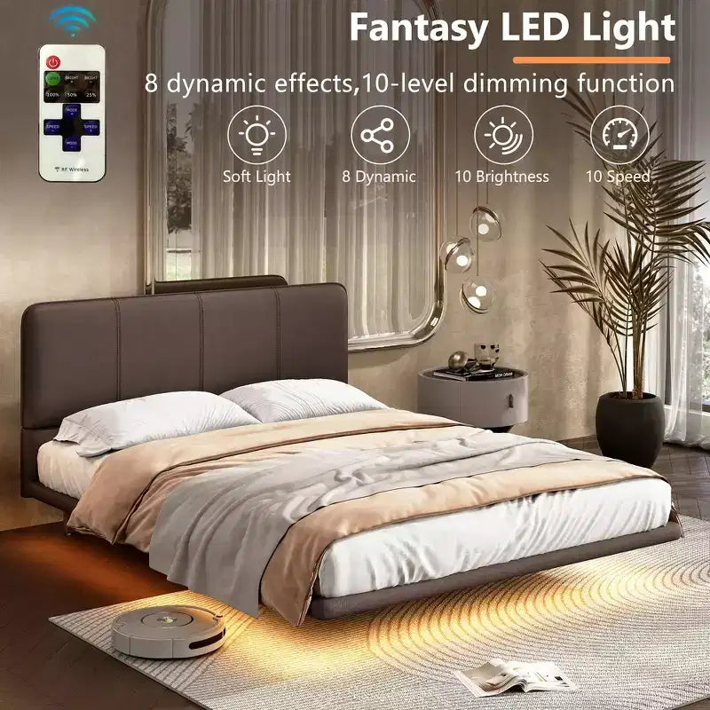 Floating Platform Bed with LED Lights and PU Leather Upholstery