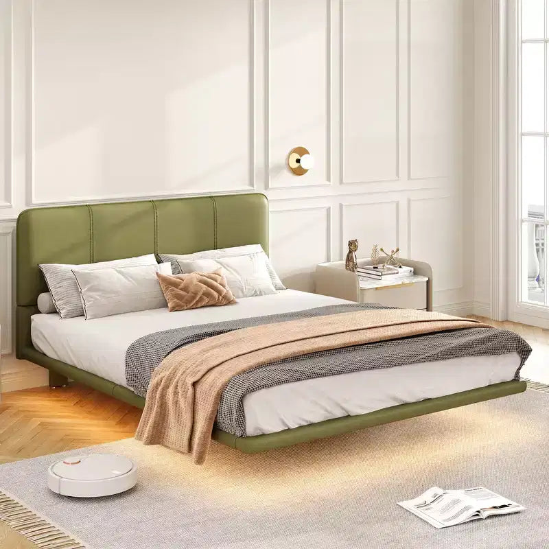 Floating Platform Bed with LED Lights and PU Leather Upholstery