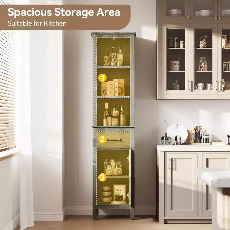 Tall Narrow Storage Cabinet with Door and Drawer – Grey