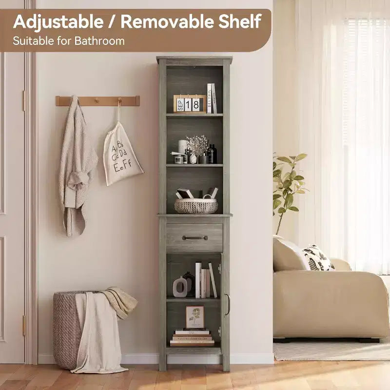 Tall Narrow Storage Cabinet with Door and Drawer – Grey