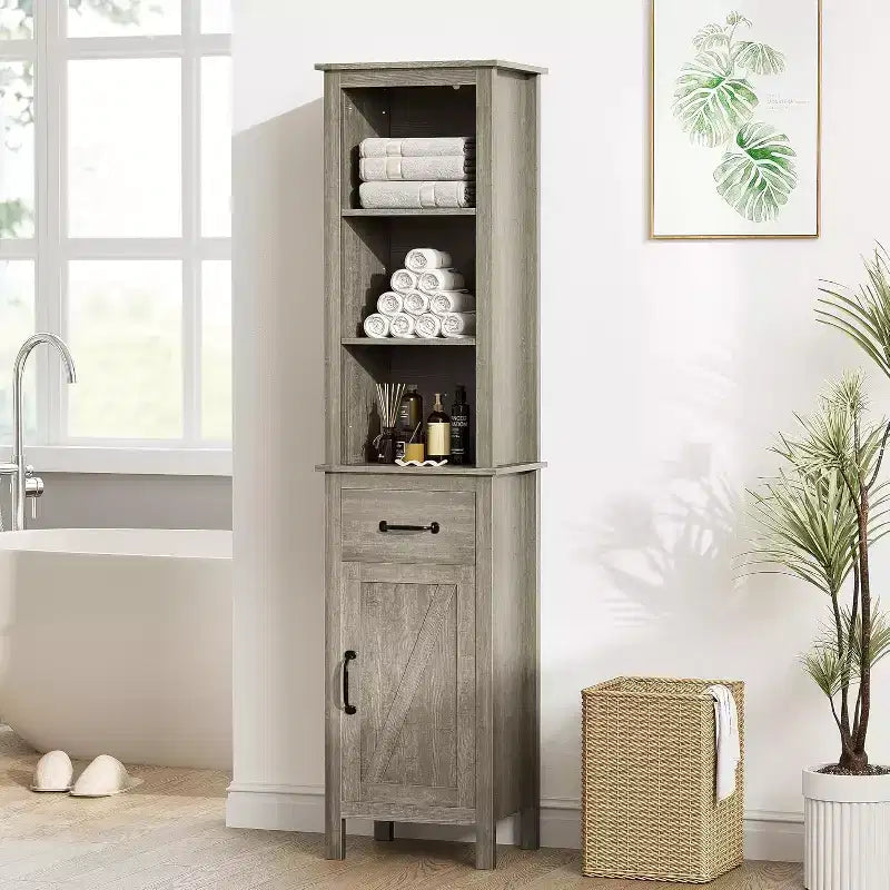Tall Narrow Storage Cabinet with Door and Drawer – Grey