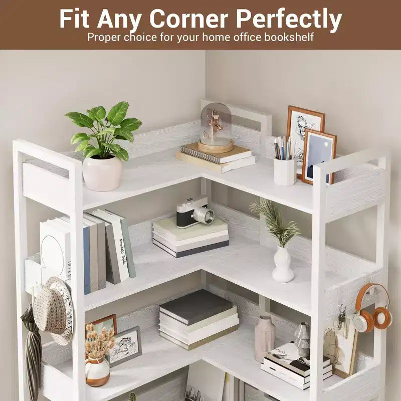 65.8in L-Shaped 5-Tier Convertible Corner Bookshelf with Metal Frame