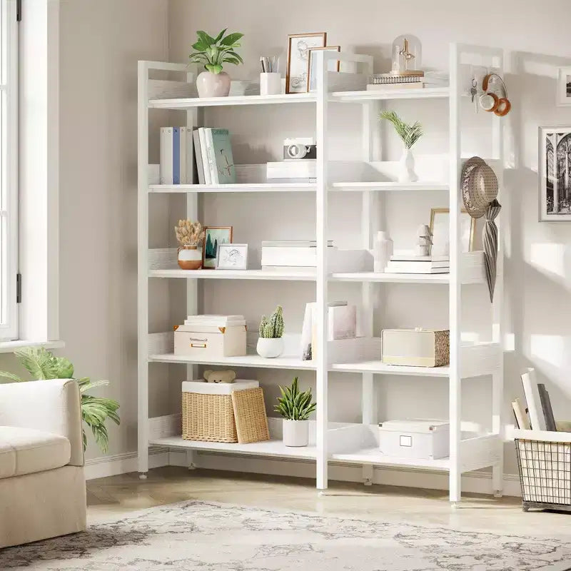 65.8in L-Shaped 5-Tier Convertible Corner Bookshelf with Metal Frame