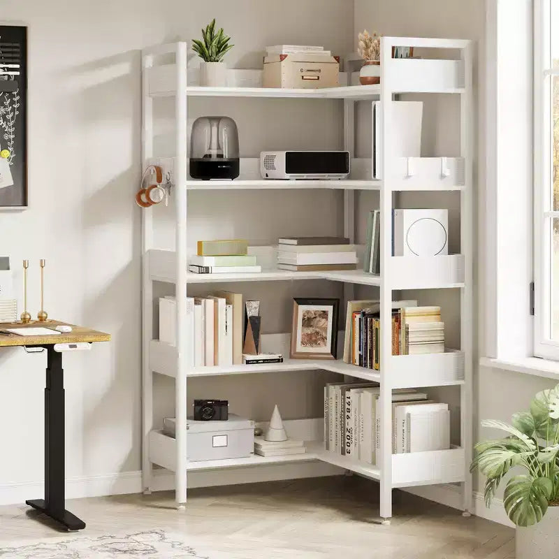 65.8in L-Shaped 5-Tier Convertible Corner Bookshelf with Metal Frame