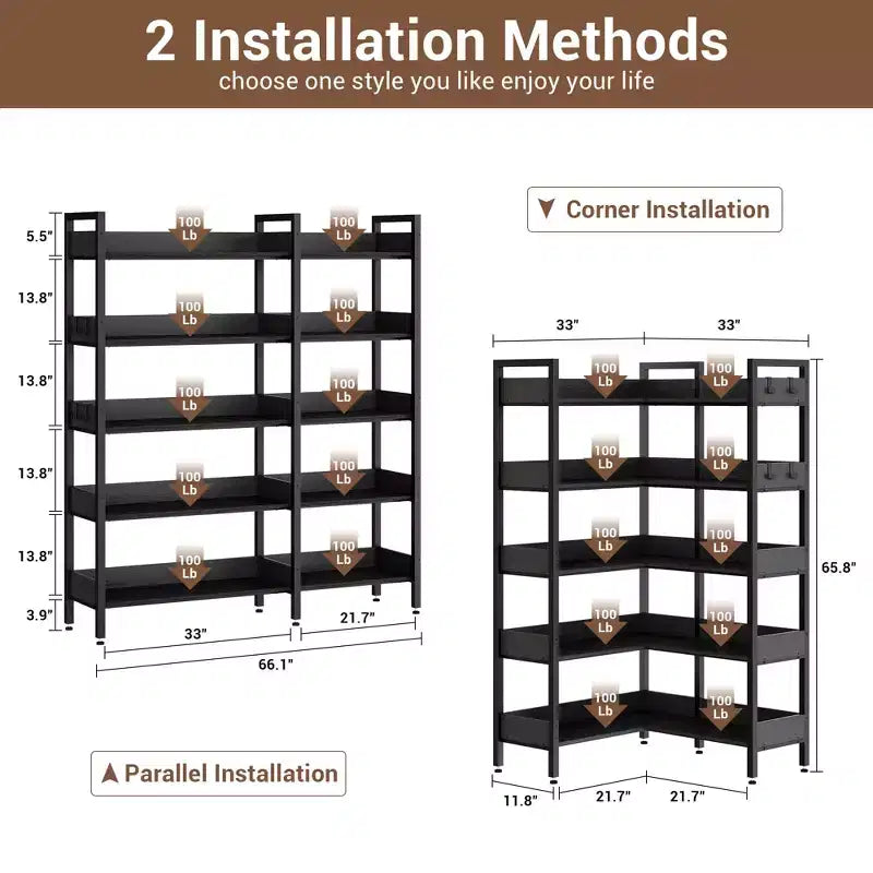 65.8in L-Shaped 5-Tier Convertible Corner Bookshelf with Metal Frame