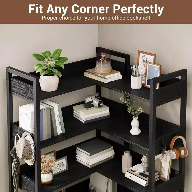 65.8in L-Shaped 5-Tier Convertible Corner Bookshelf with Metal Frame