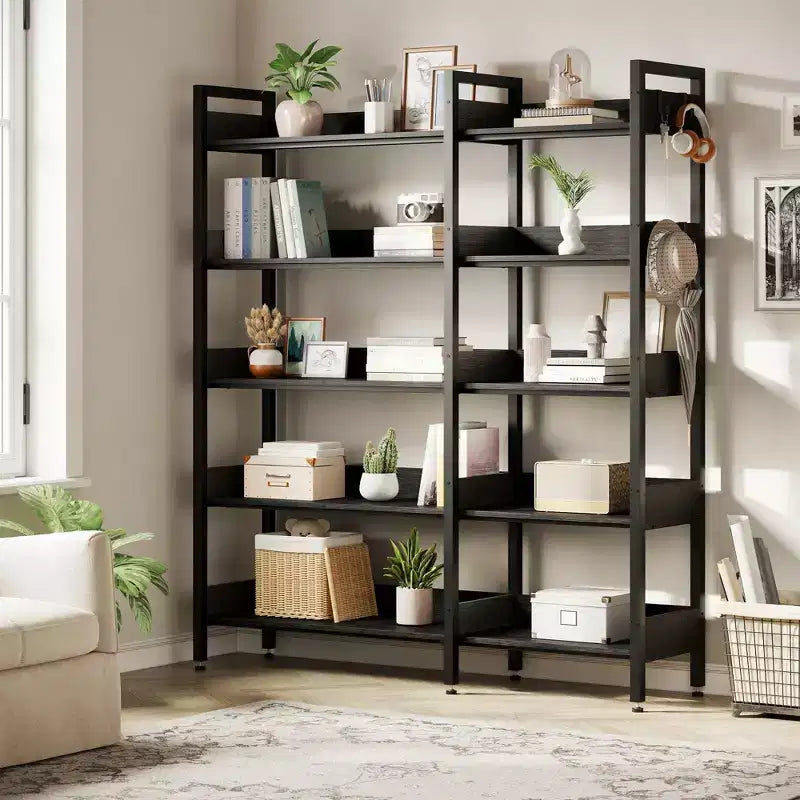 65.8in L-Shaped 5-Tier Convertible Corner Bookshelf with Metal Frame