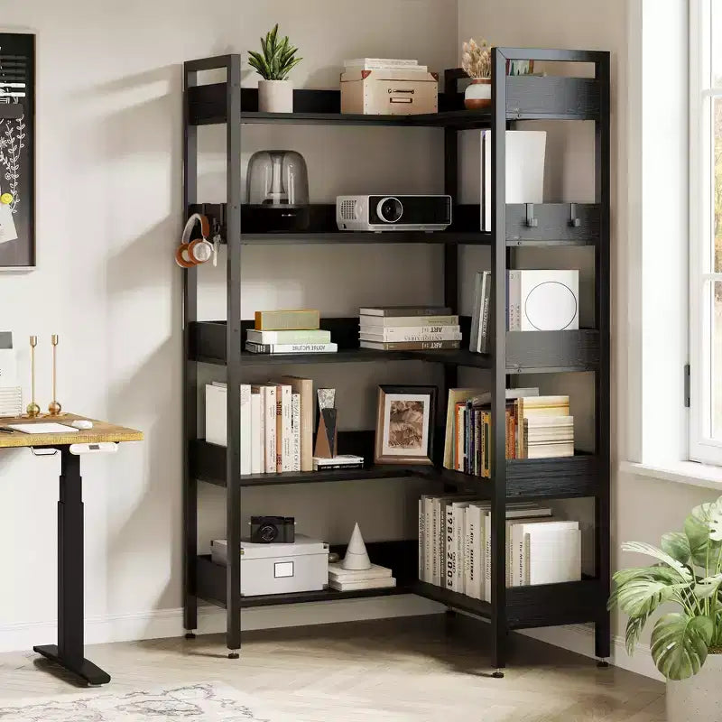 65.8in L-Shaped 5-Tier Convertible Corner Bookshelf with Metal Frame
