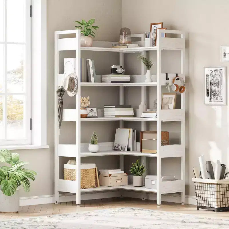 65.8in L-Shaped 5-Tier Convertible Corner Bookshelf with Metal Frame