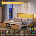 Natural Rattan Platform Bed Frame with Storage Bench and LED Lighting
